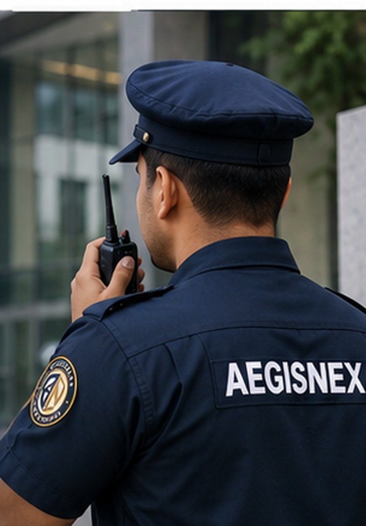 Security guard communicating on duty outside a business premises